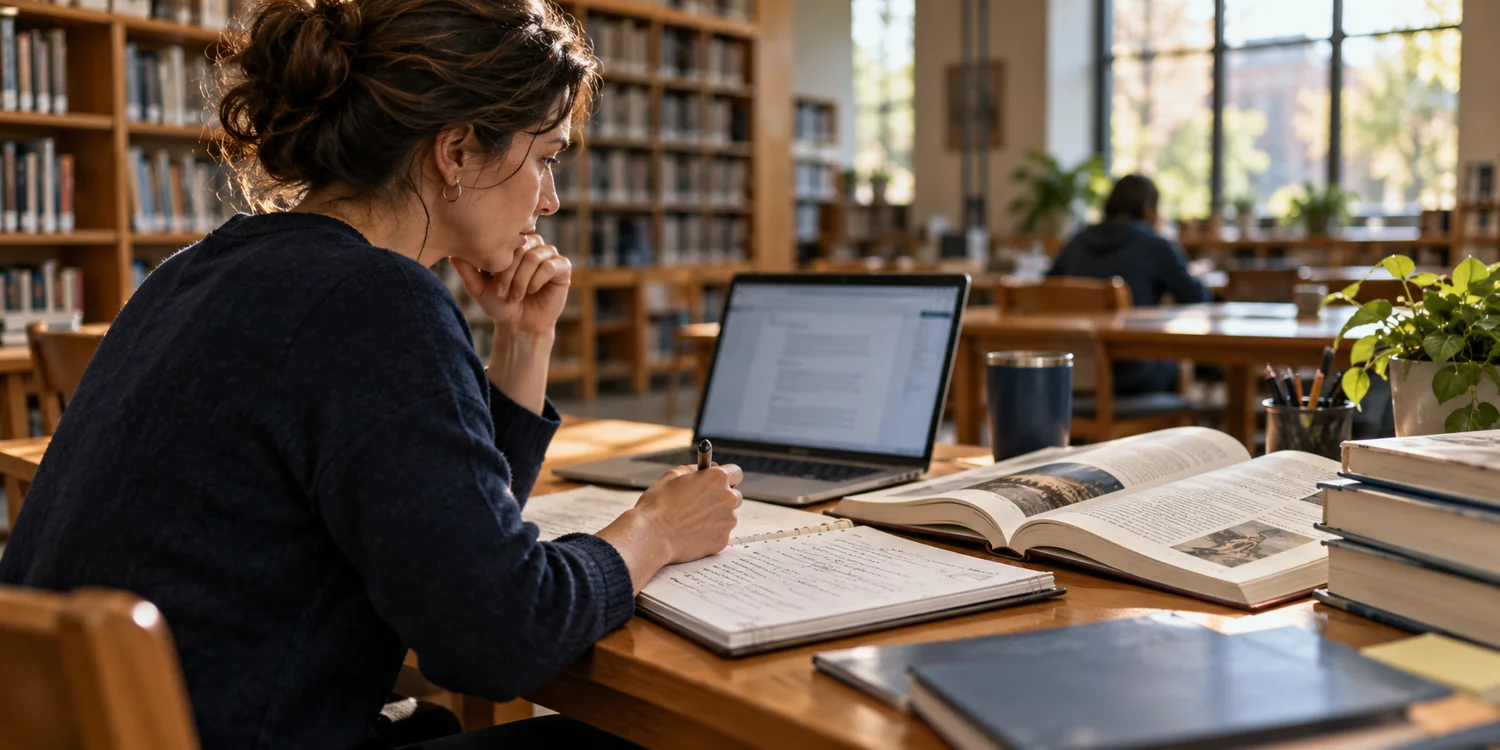 An educator comparing a laptop draft with a reference book and lesson notes.