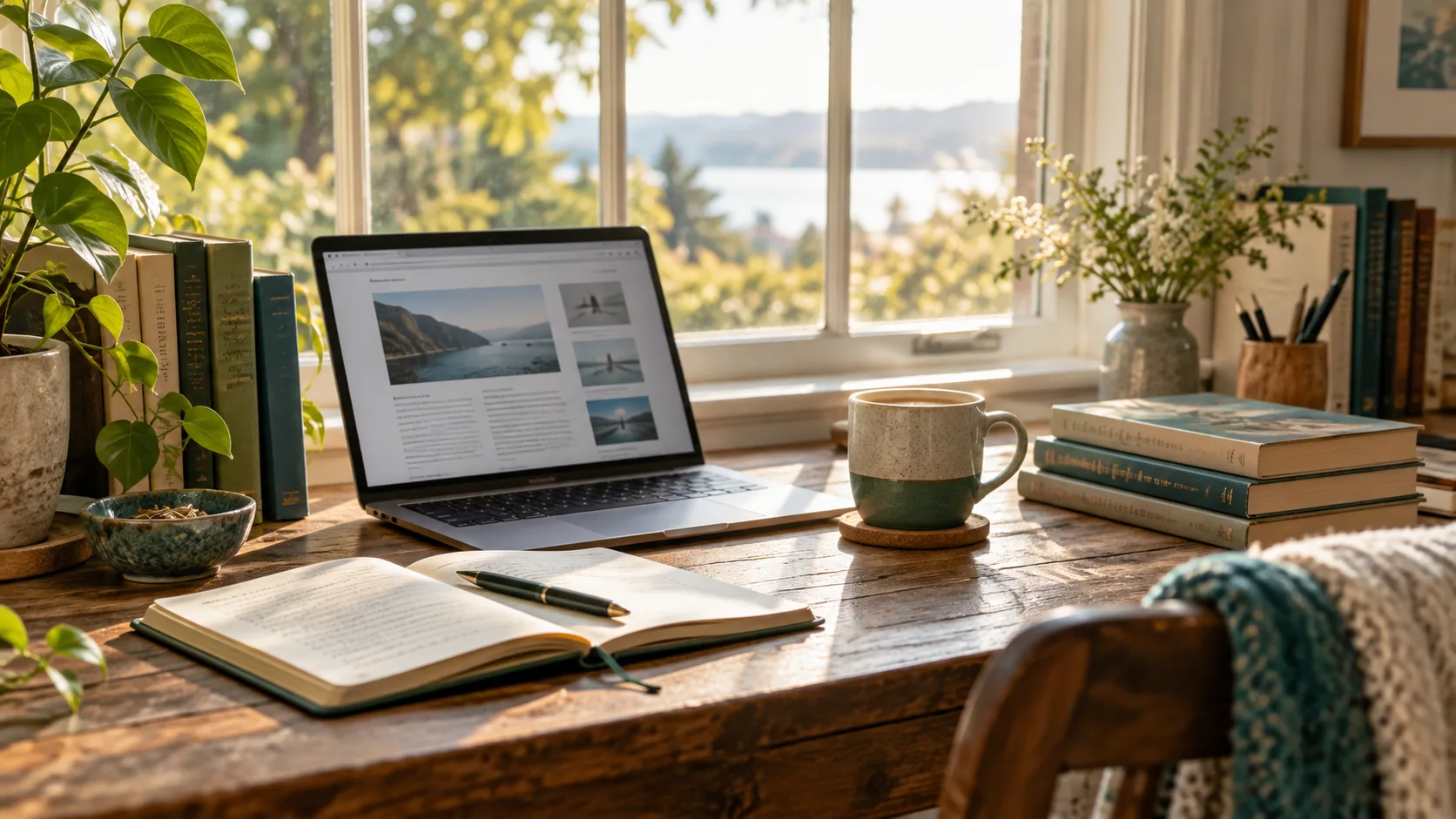AI-generated photograph of a laptop, books, notebook, and coffee on a sunlit wooden desk.