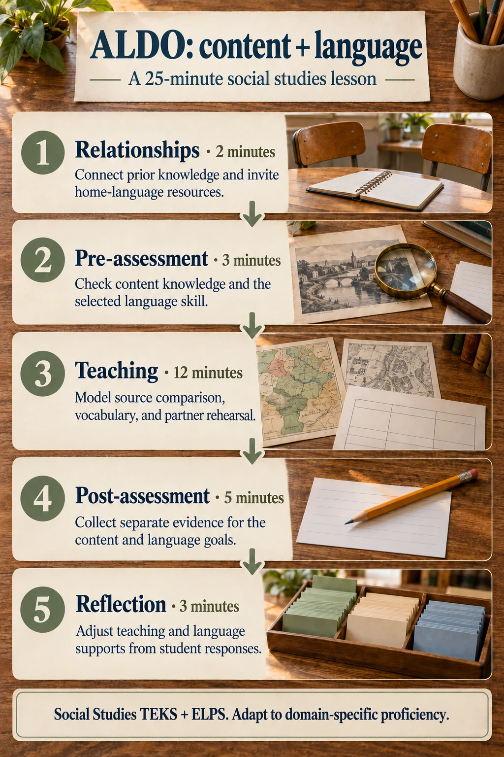 ALDO with Social Studies TEKS and ELPS: connect prior knowledge, check content and language, model and rehearse, collect separate evidence, and adjust supports. Timings are 2, 3, 12, 5, and 3 minutes. The complete lesson follows.