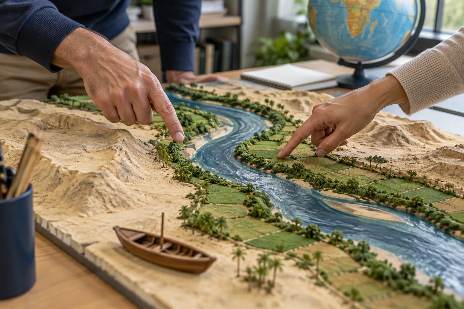 Illustrative photograph of a classroom river-valley model with green banks, sandy terrain, a model boat, and an educator’s hands.