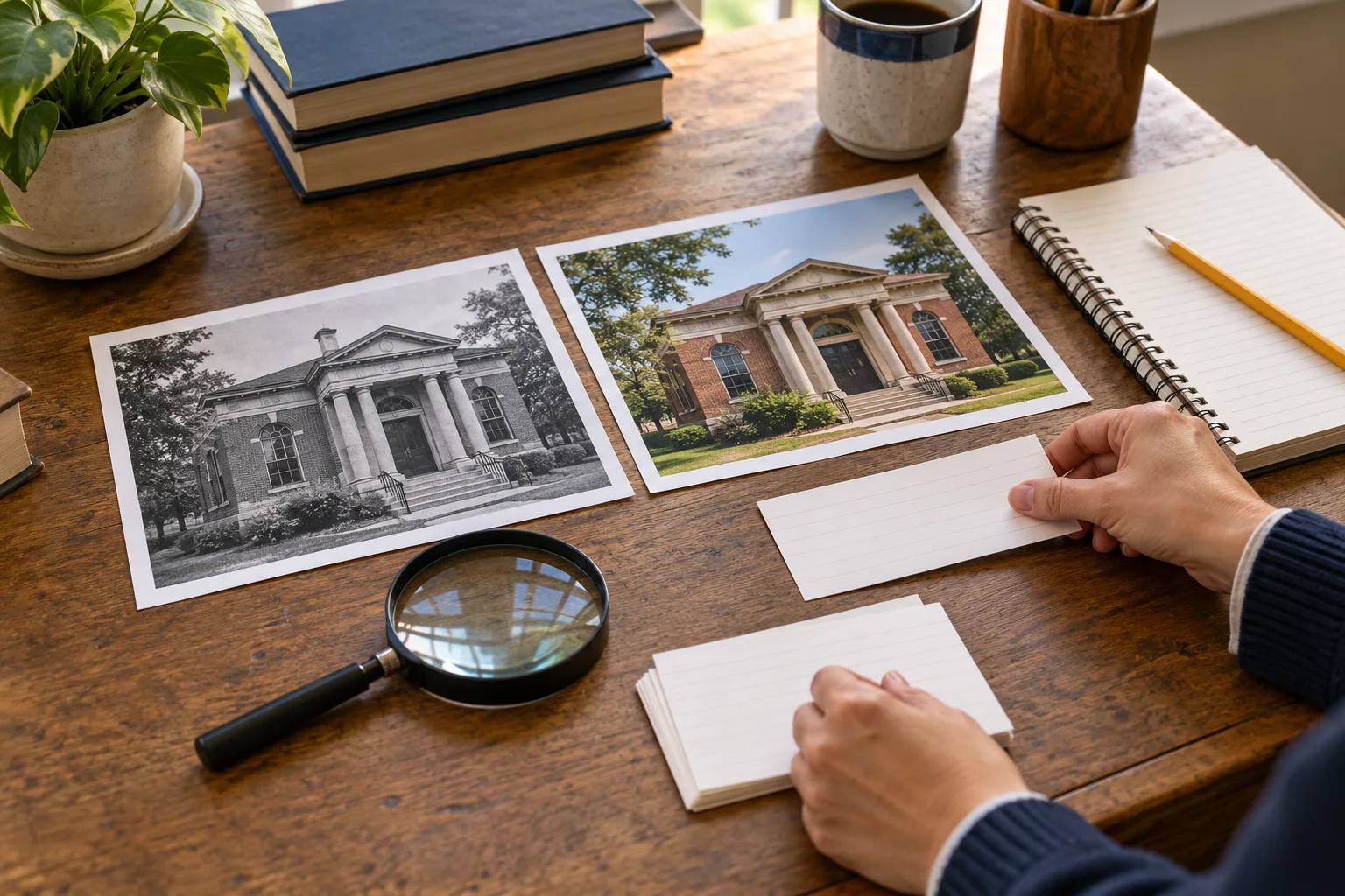 Illustrative photograph of an educator comparing imagined library photographs with note cards and a magnifying glass.
