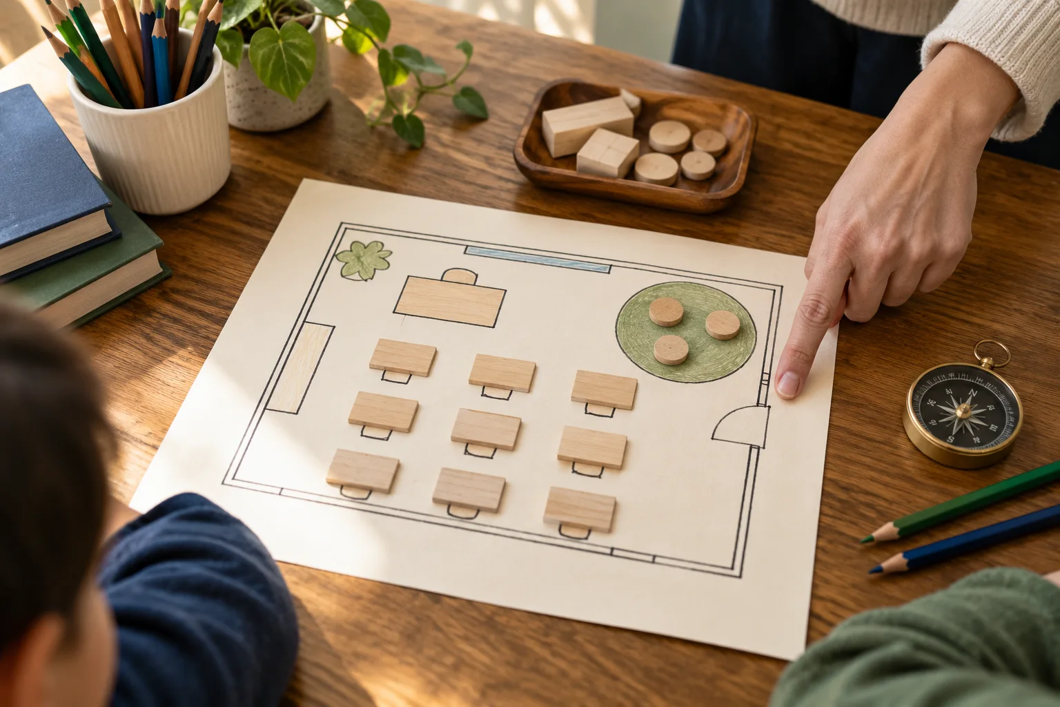 Illustrative photograph of a teacher pointing to a classroom sketch map beside wooden blocks and pencils.