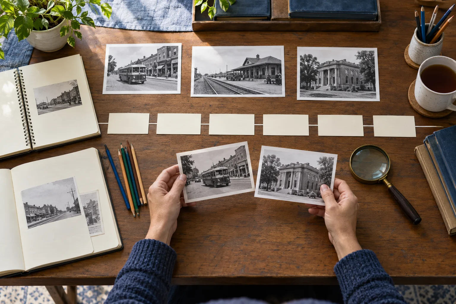 Illustrative overhead photograph of research notebooks, imagined source photographs, and blank timeline cards on a teaching table.