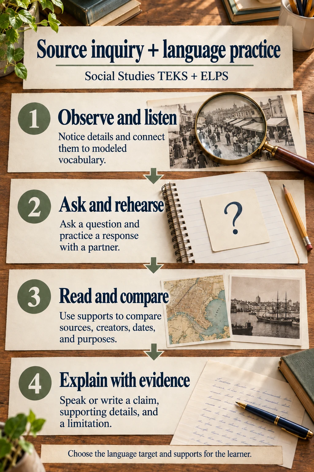 Social Studies TEKS and ELPS inquiry: observe and listen, ask and rehearse, read and compare, then explain with evidence in the selected language domain.