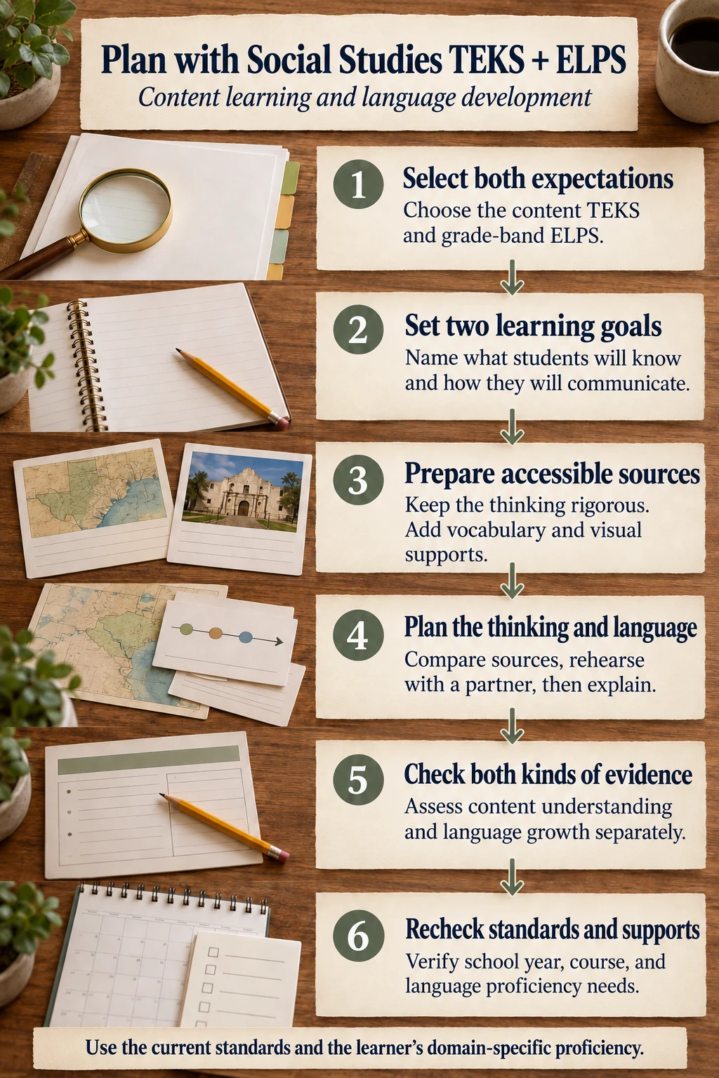 Six-step Social Studies TEKS and ELPS process: select both expectations, set two goals, prepare accessible sources, plan thinking and language, assess both, and recheck standards and supports. Full instructions follow.