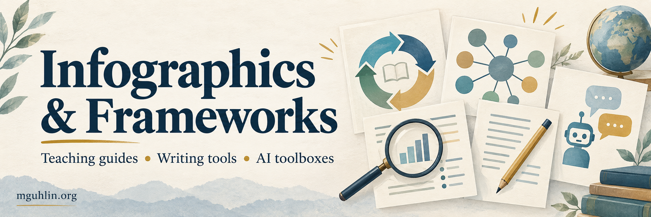 Infographics and Frameworks: teaching guides, writing tools, and AI toolboxes from mguhlin.org, illustrated with learning cycles, connected ideas, source inquiry, and writing.