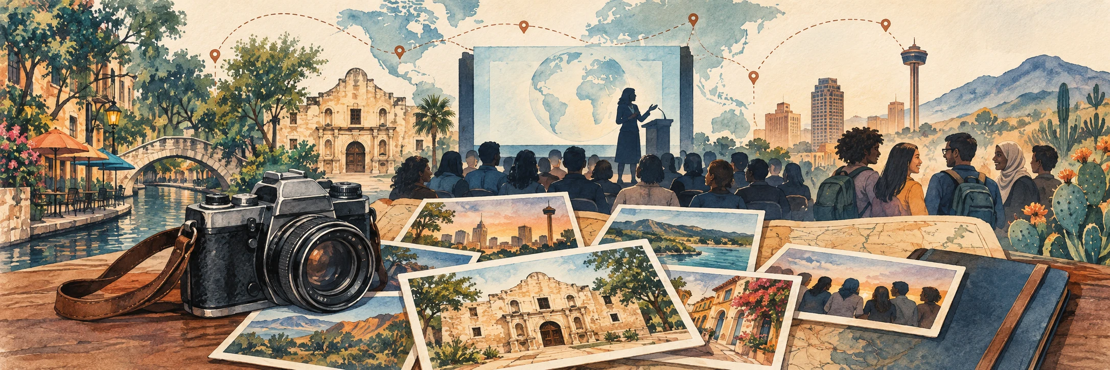 Watercolor illustration of a camera, travel photos, a conference audience, and San Antonio landmarks.