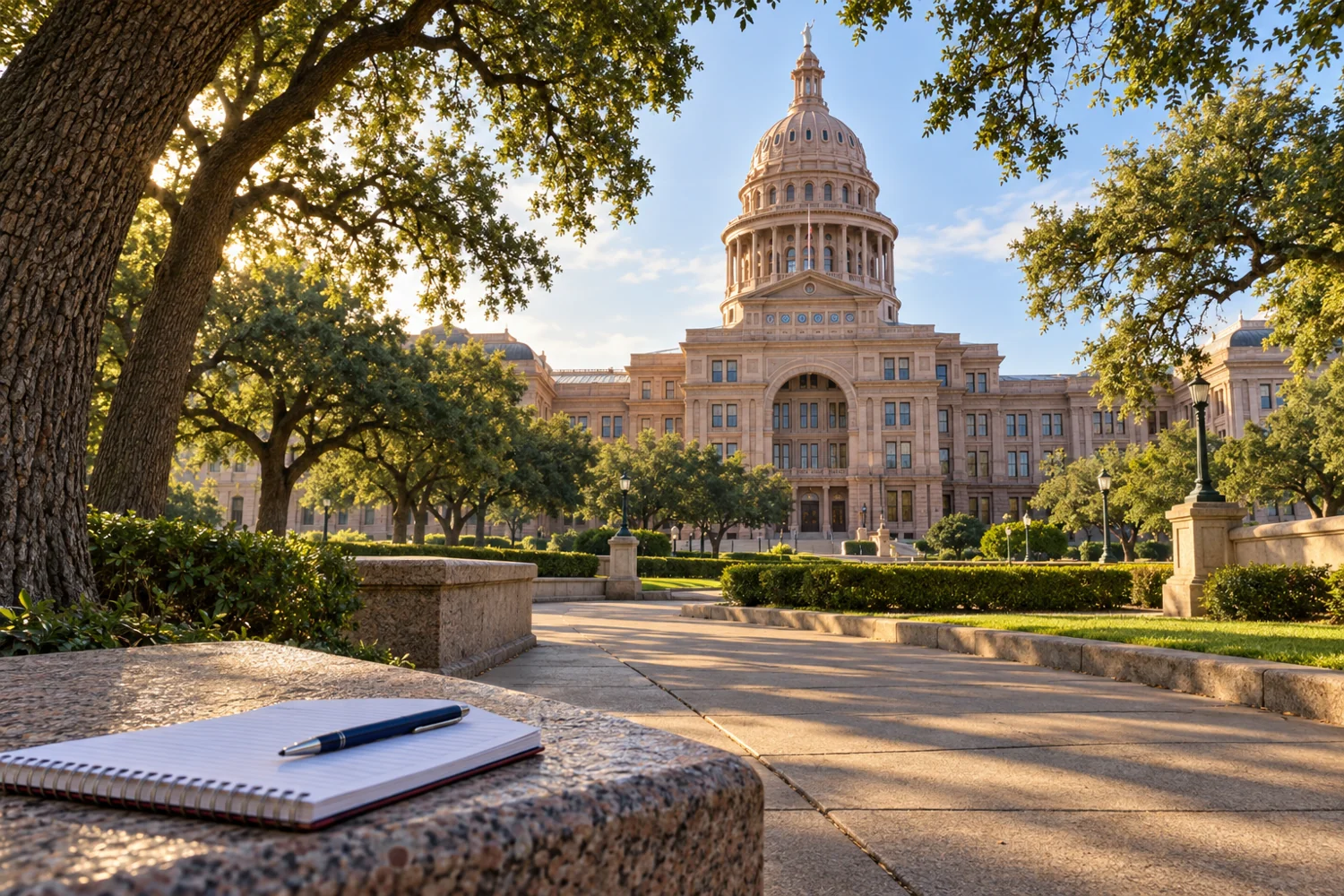 The Texas State Capitol framed by oak trees, with a notebook in the foreground.