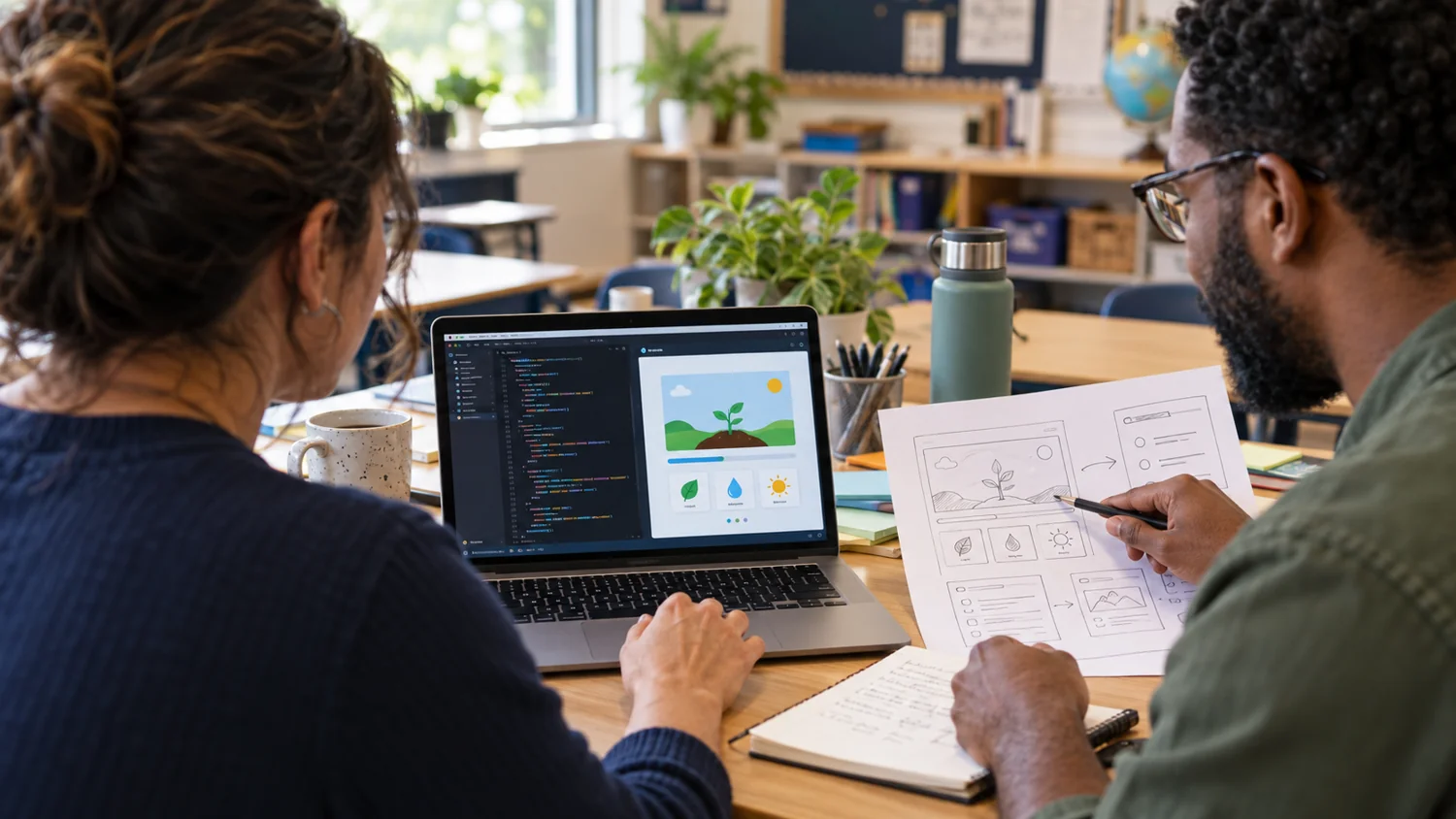 Two educators working together on a classroom app prototype at a laptop.