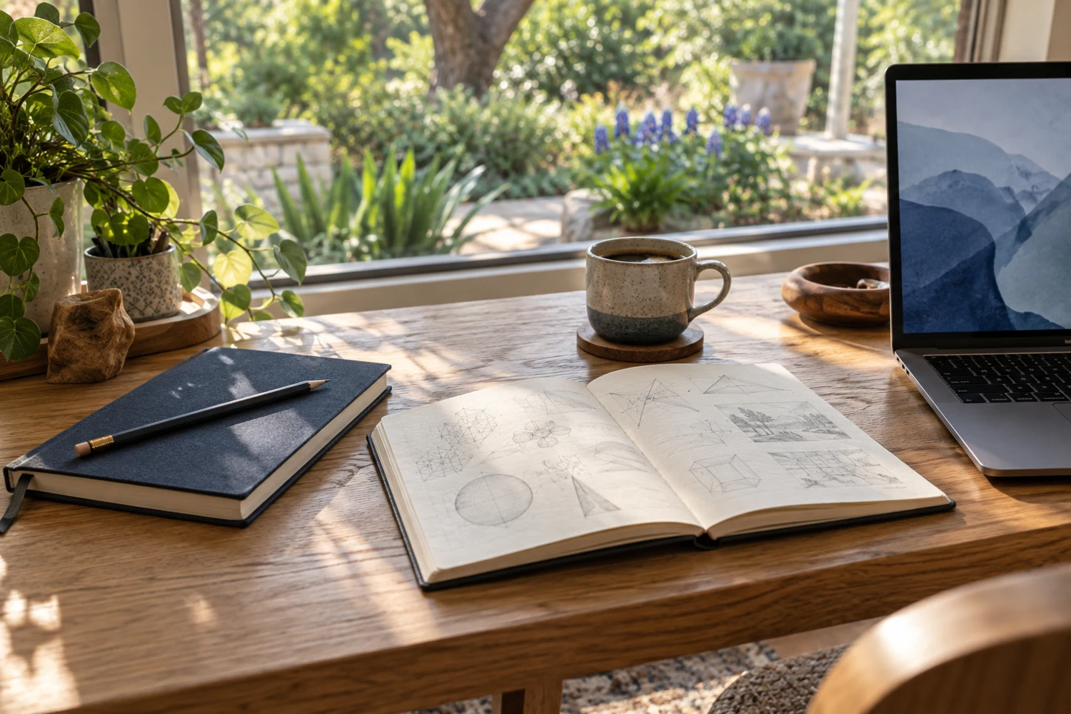 AI-generated photograph of a sunlit workspace with a sketchbook, laptop, and coffee.