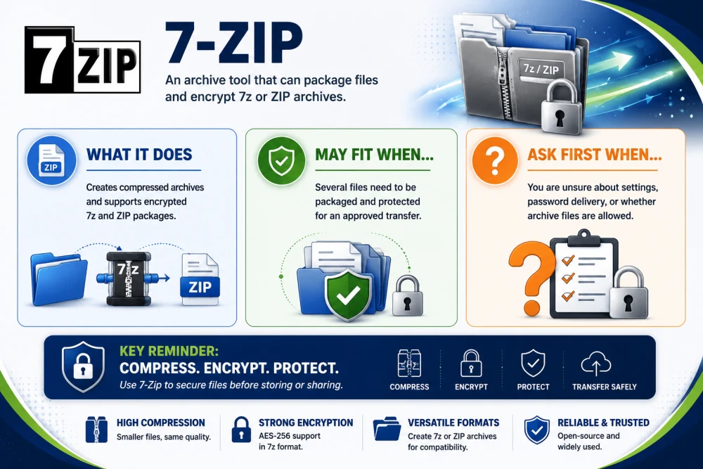 7-Zip: Compression and Security Guide. A quick reference to file compression, archive encryption, appropriate uses, and questions to ask before sharing files.