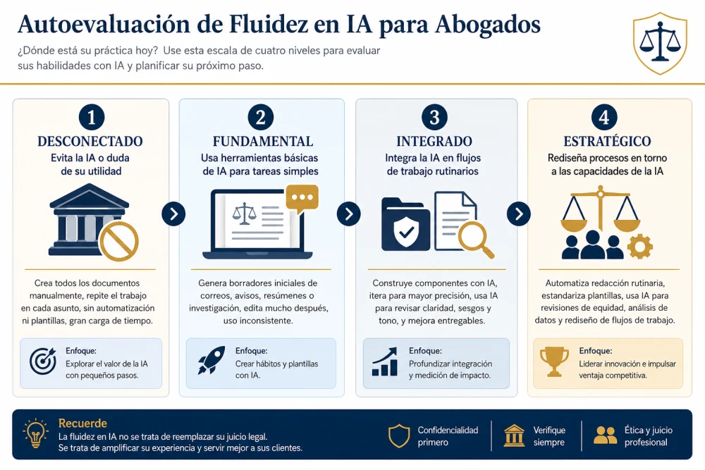 Autoevaluación de Fluidez en IA para Abogados. Una autoevaluación de cuatro etapas para reflexionar sobre el uso de la IA en el trabajo jurídico.