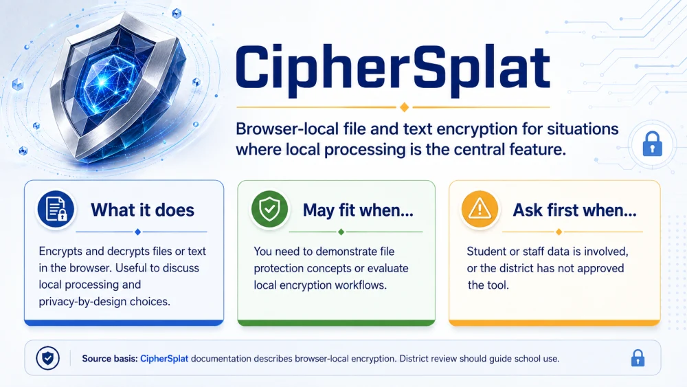 CipherSplat: Browser-Local Encryption Guide. An overview of browser-local file and text encryption, possible uses, and questions about approval and sensitive data.