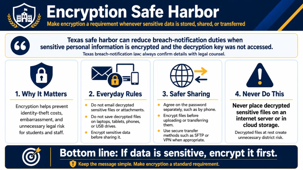 Encryption Safe Harbor: School Quick Reference. A school reference poster about encryption, safer sharing, sensitive files, and breach-response considerations.