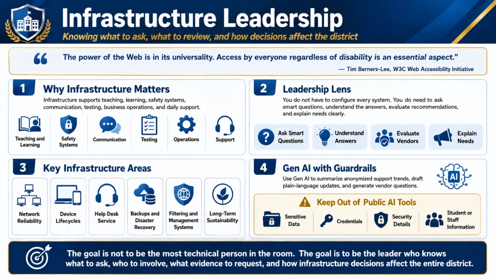 Infrastructure Leadership. A leadership overview of school technology infrastructure, operational questions, reliability, access, and AI guardrails.