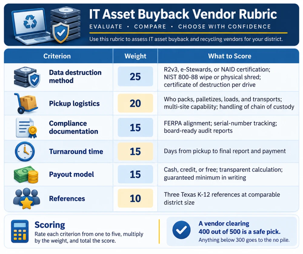 IT Asset Buyback Vendor Rubric. A weighted rubric for evaluating IT asset buyback and recycling vendors, including data destruction, logistics, documentation, and references.