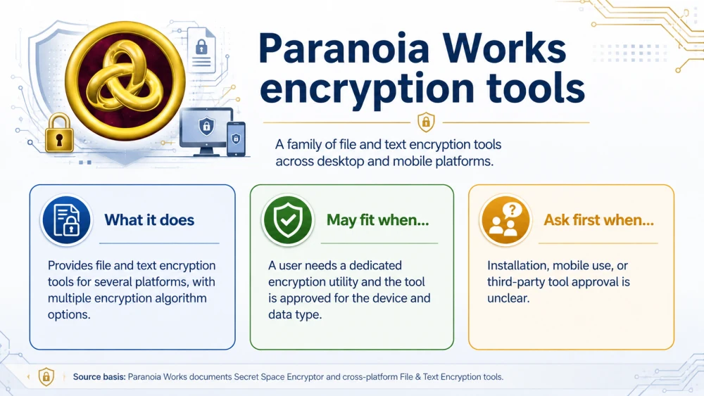 Paranoia Works Encryption Tools. An overview of file and text encryption tools, platform choices, possible uses, and approval questions.