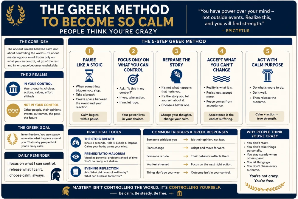 The Greek Method: Calmness Cheat Sheet. A detailed reference to a five-step calm-response method, reflection tools, and examples for common triggers.