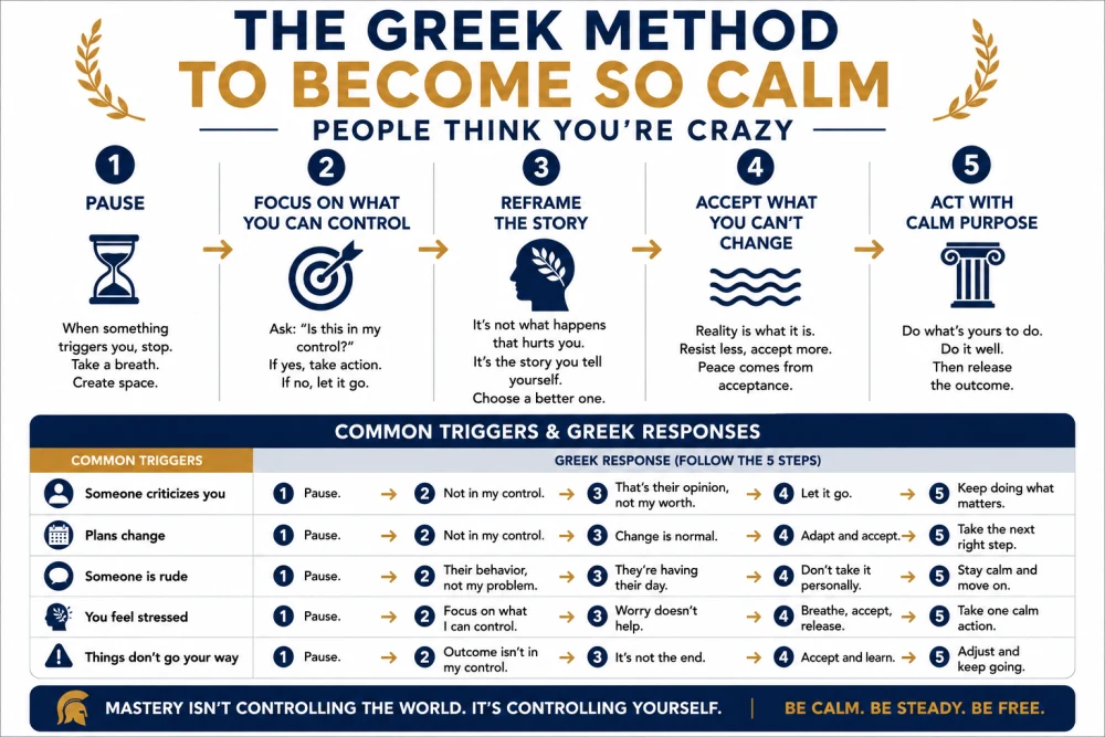 The Greek Method: Master Calm Responses. A compact guide to pausing, focusing on control, reframing, accepting limits, and acting with calm purpose.