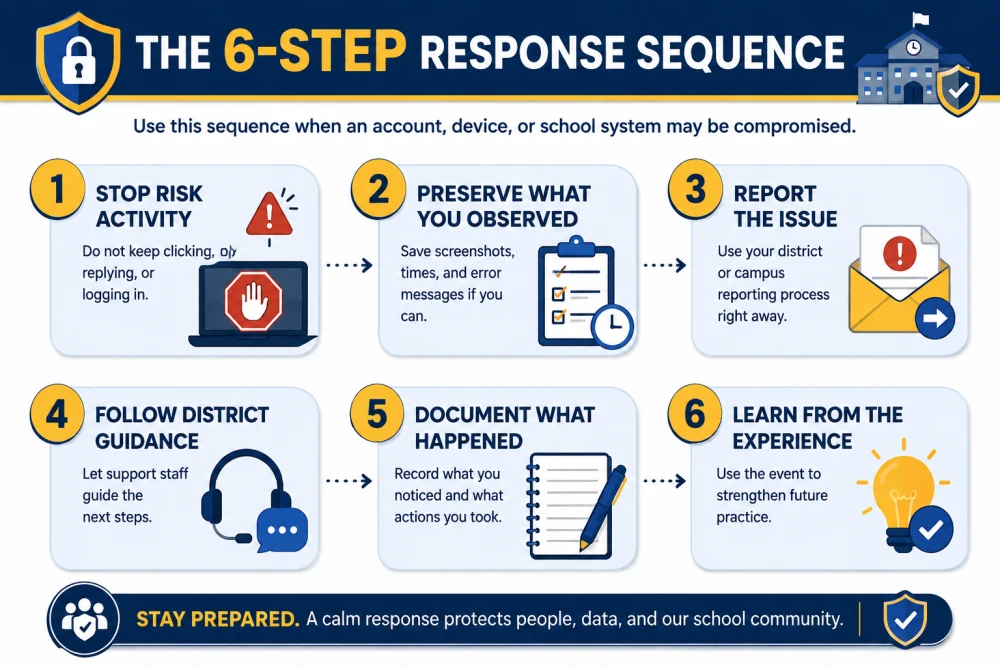 The Six-Step Incident Response Sequence. A staff response sequence: stop risky activity, preserve observations, report, follow guidance, document, and learn.