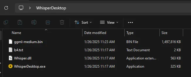Auto-generated description: A file explorer window displays a list of files and folders within WhisperDesktop, showing details like name, date modified, type, and size.