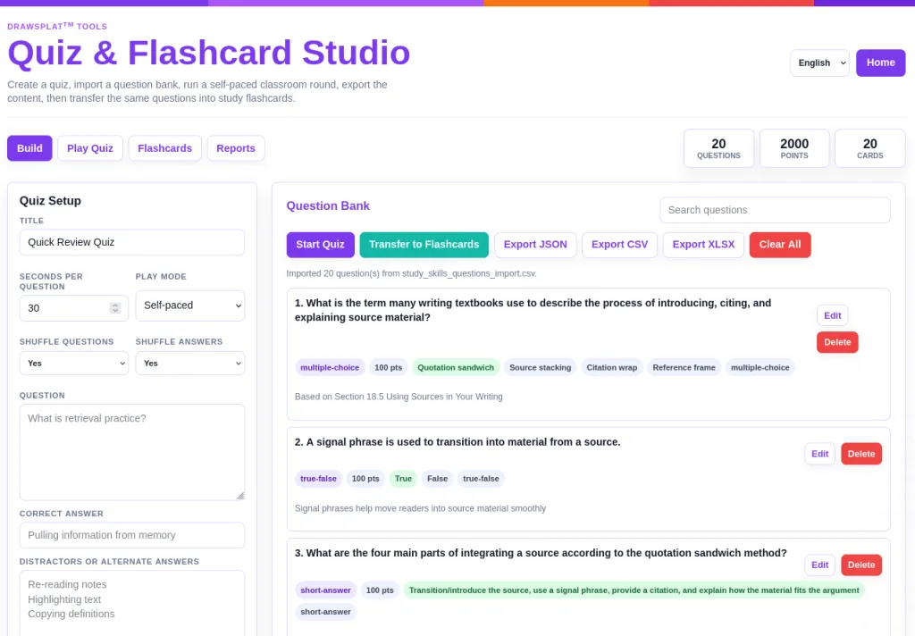 DrawSplat Feature - Quiz and Flashcard Studio free EduSky education