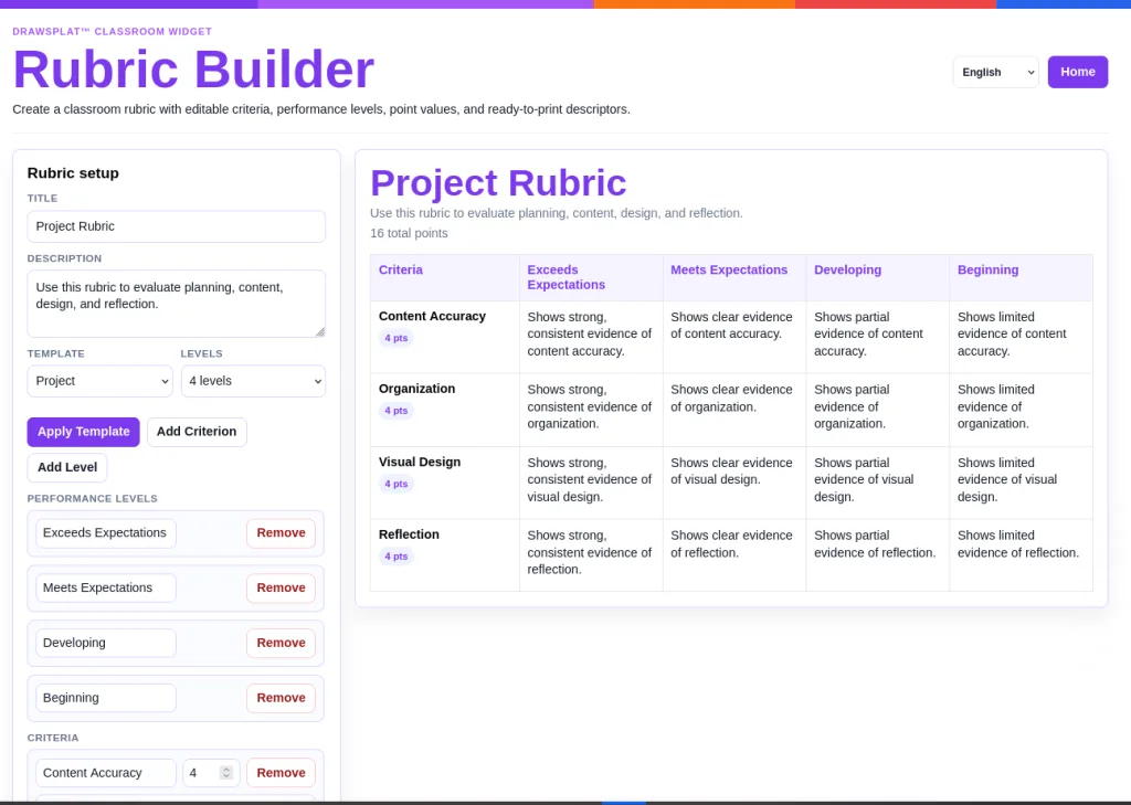 DrawSplat Feature: Rubric Builder EduSky education free