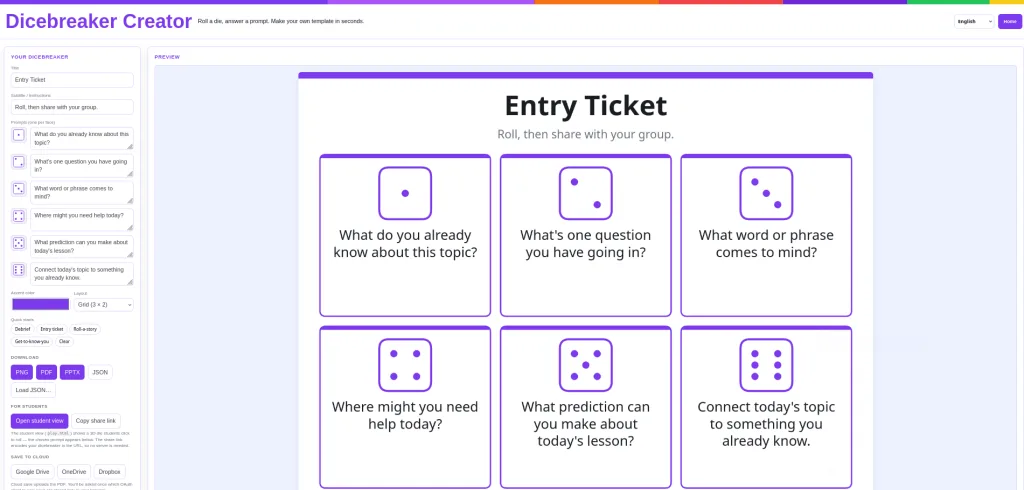 DrawSplat Feature: DiceBreaker Creator multilingual education EduSky
