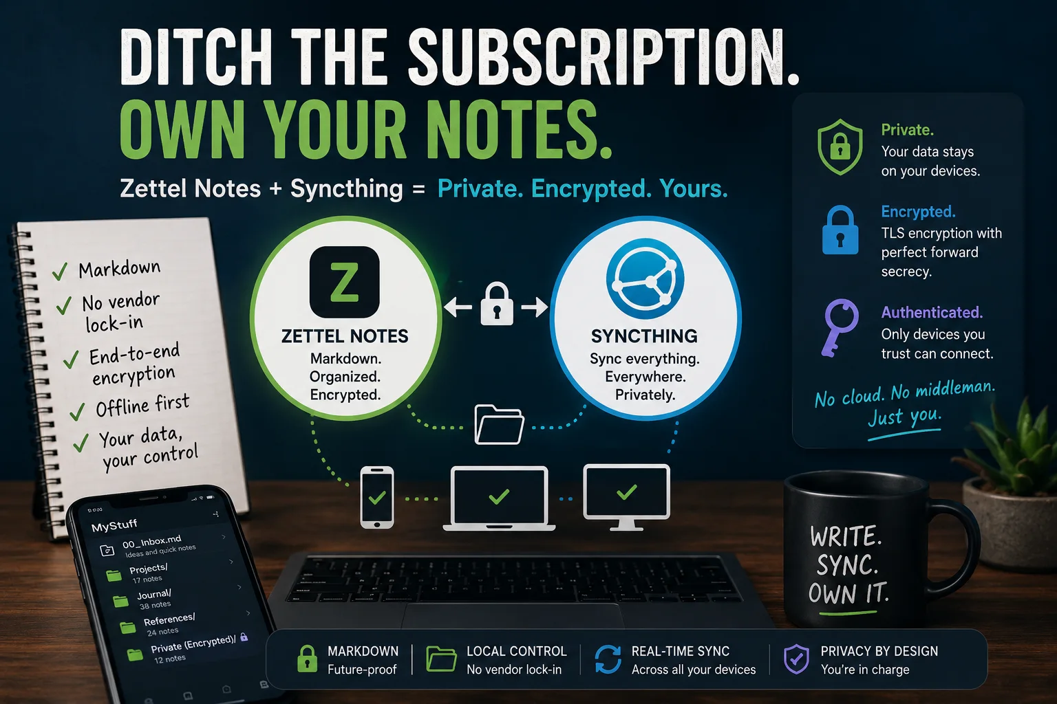 A polished blog feature image emphasizing subscription-free notes, privacy, encryption, and seamless device synchronization.