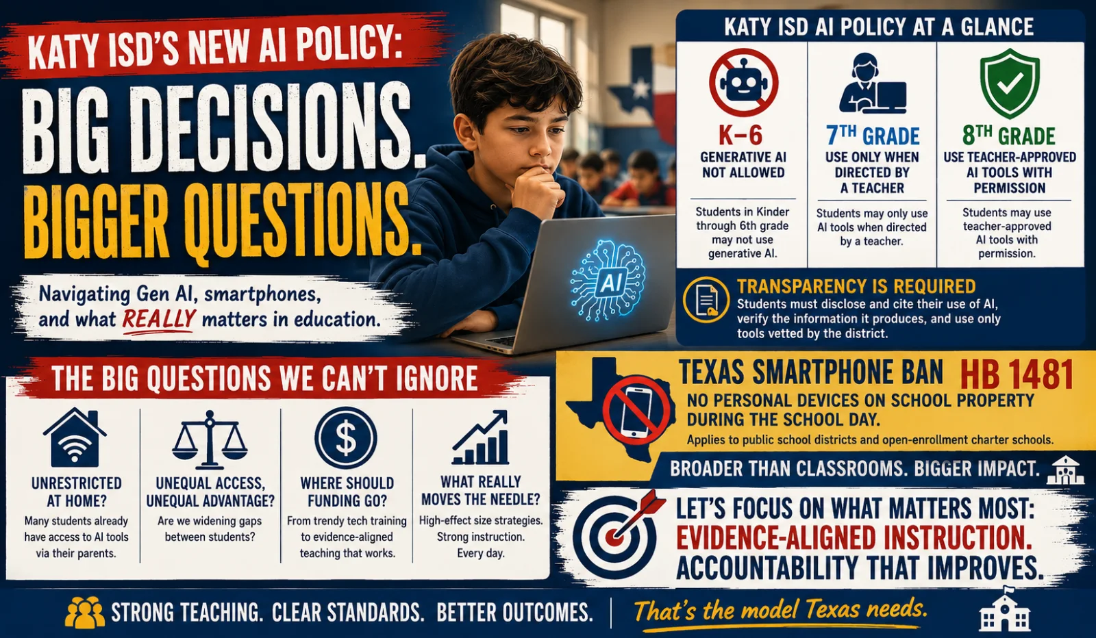 Blog hero showing a student using a laptop beside large text reading “Big Decisions. Bigger Questions.” Panels summarize Katy ISD’s grade-level AI rules, transparency requirements, Texas’s smartphone ban, access concerns, and a call for evidence-aligned instruction and accountability.