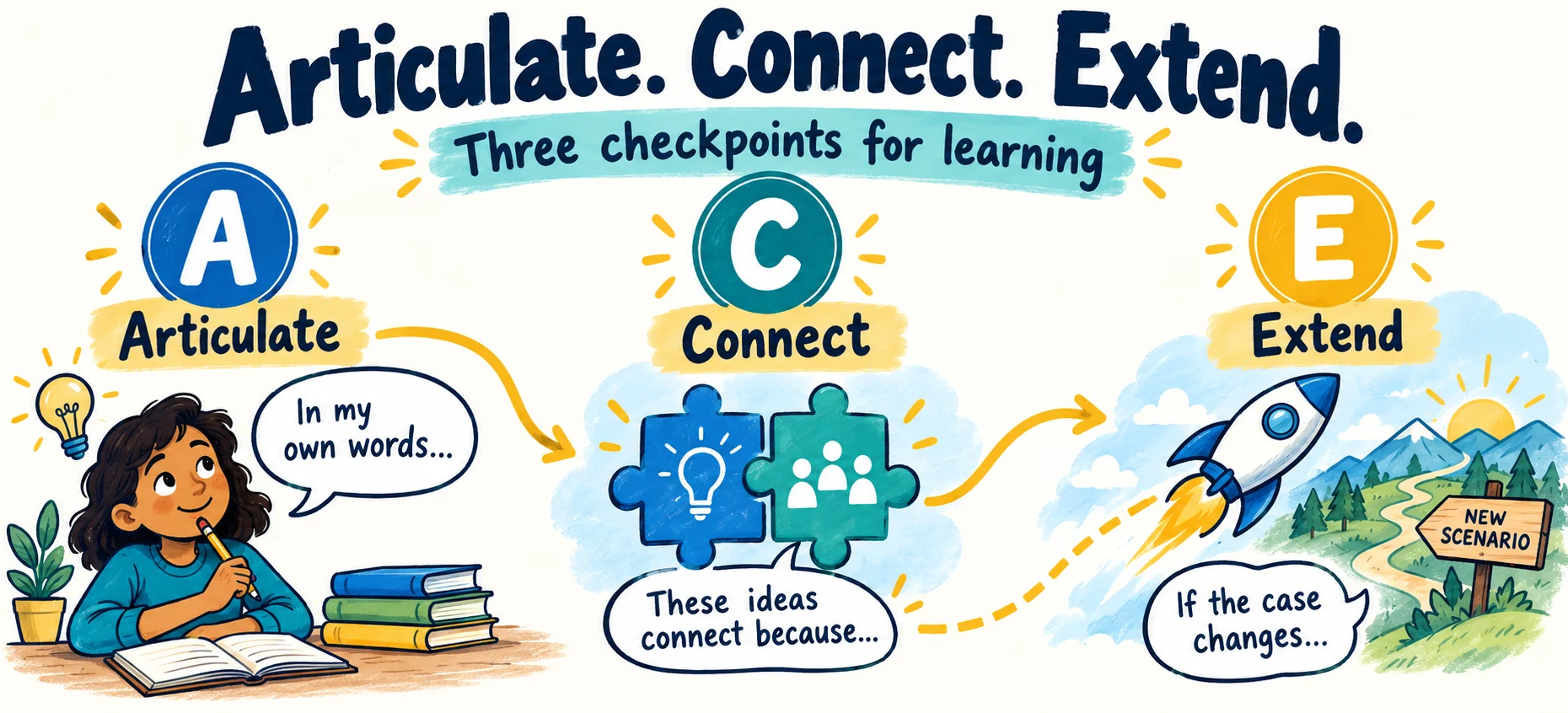 Articulate asks what the idea means. Connect asks how ideas relate. Extend asks what carries to a new case and where it fails. Include feedback and revision.
