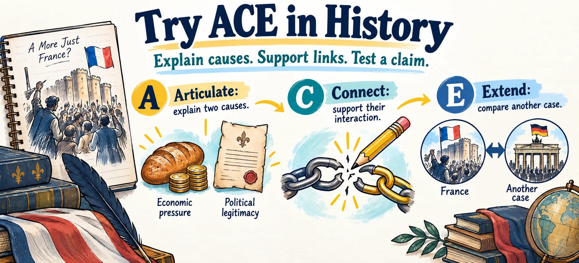 History example: explain economic pressure and political legitimacy, support how they interacted, revise a weak link, then test a broader claim against another case and its limits.