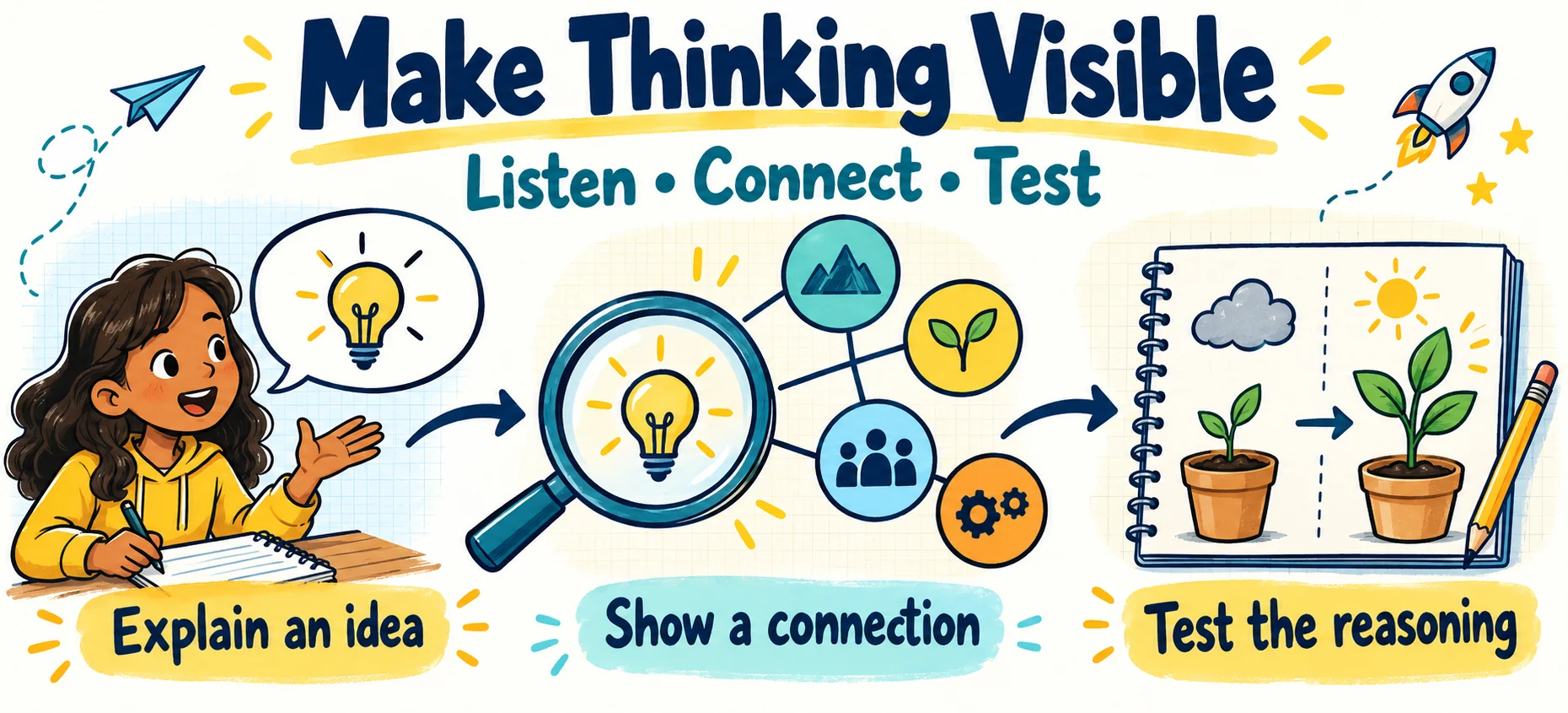 Three prompts make thinking visible: explain an idea with an example, show how ideas connect, and test the reasoning under a changed condition.