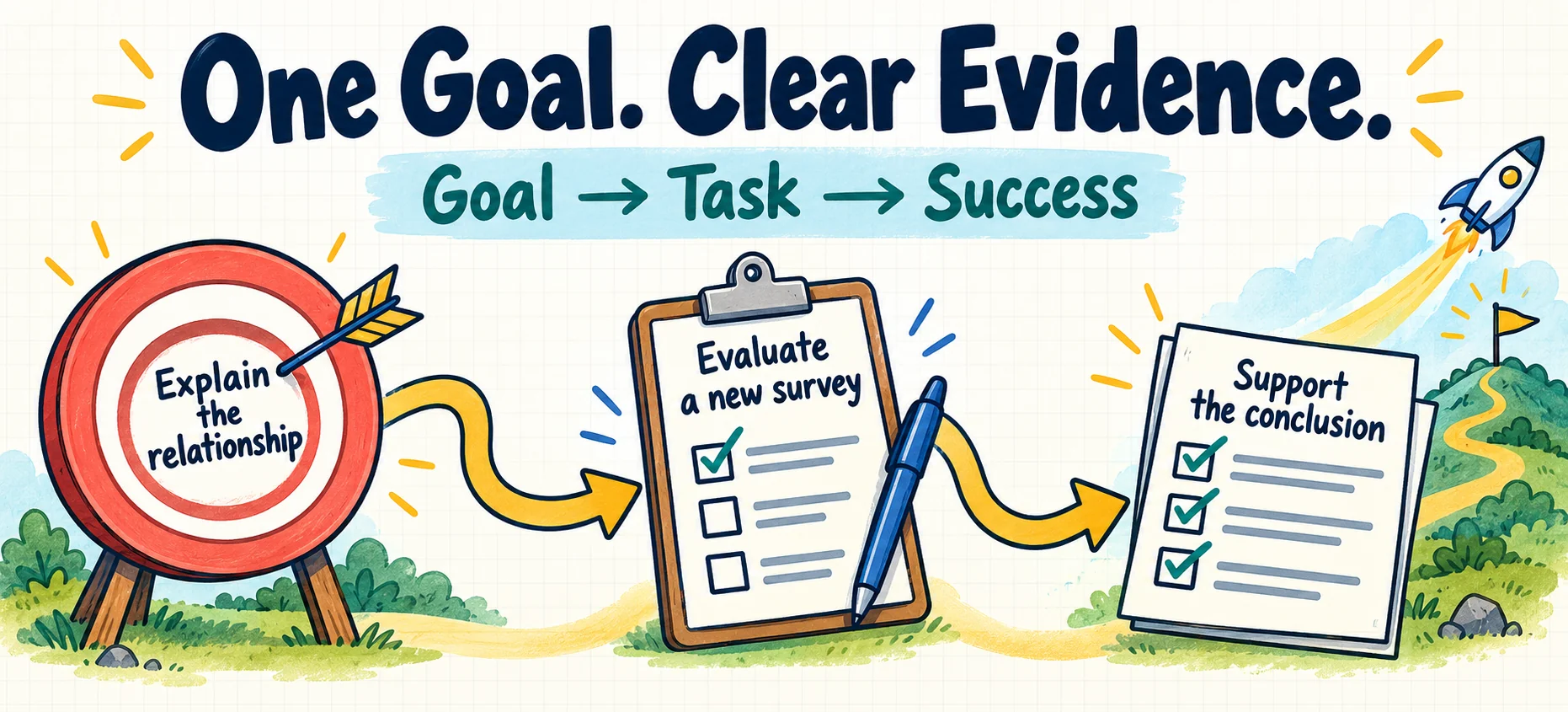 Align the learning goal, demonstration task, and success criteria. Example: explain survey sample selection, evaluate another survey, and support a conclusion with its limits.