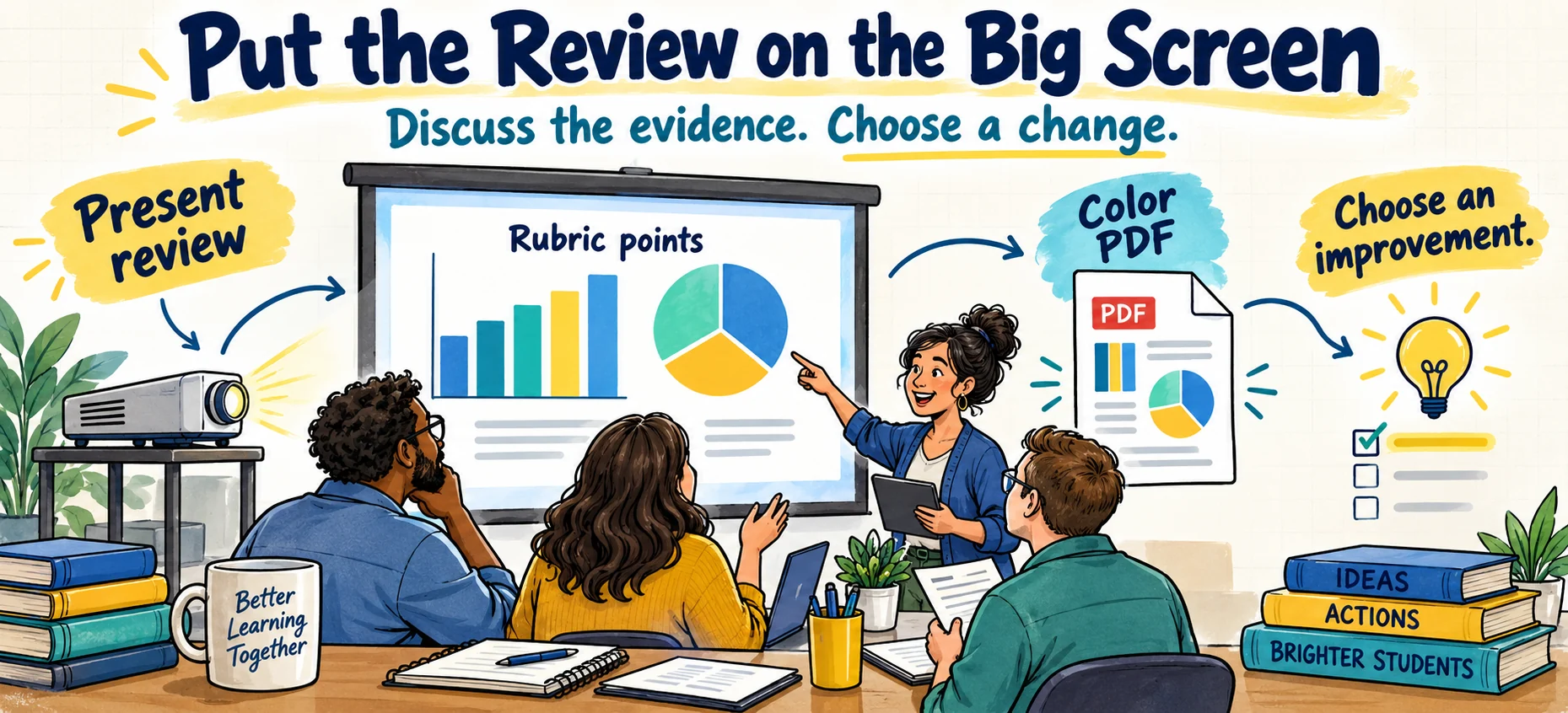 A teaching team views a projected review with bar and pie charts labelled rubric points, saves a color PDF, and chooses an improvement. The charts are illustrative and do not measure student achievement.