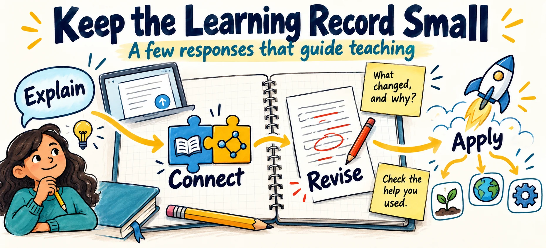 One learning record collects an initial explanation, a connection revised after feedback, and an application with limits. Add a note about help that students checked, changed, or rejected.
