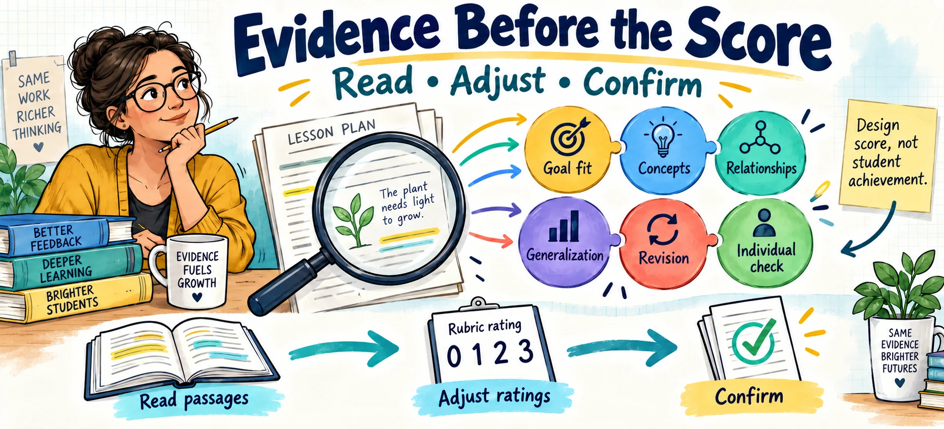 At Extend, review goal-to-task fit, concept explanation, reasoned relationships, bounded generalization, instruction and revision, and the individual learning check. Read passages, adjust ratings, confirm, and choose an improvement.