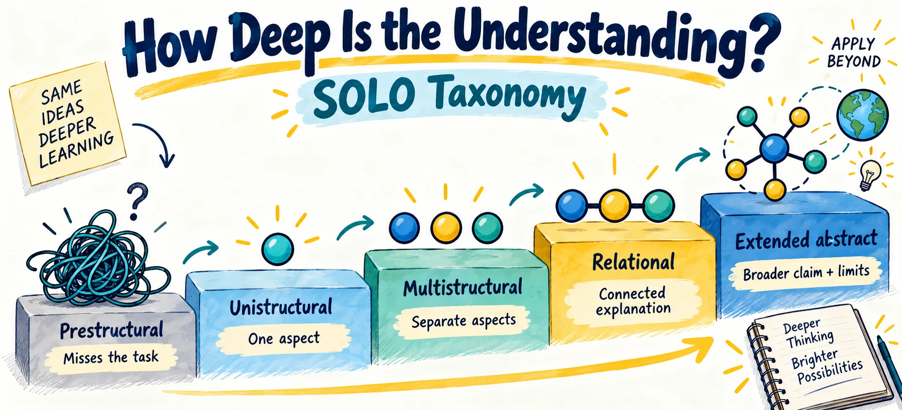 SOLO: prestructural misses the task; unistructural shows one aspect; multistructural shows separate aspects; relational links them coherently; extended abstract justifies a broader claim with limits.