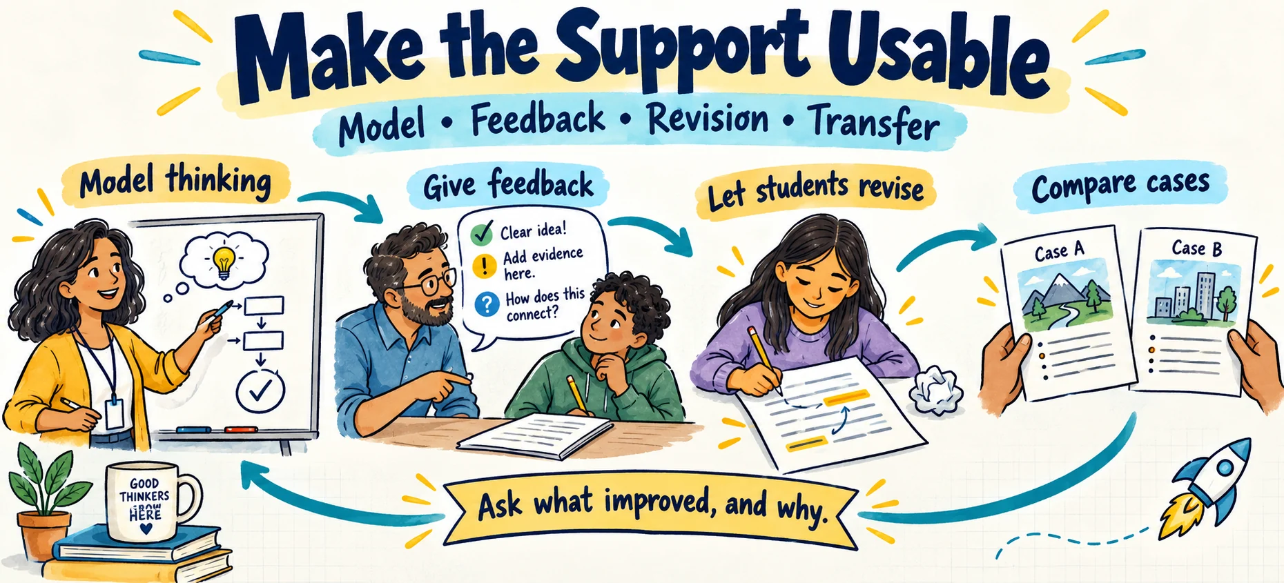 Model the thinking, give specific feedback, let students revise and explain improvement, then compare cases to consider where a principle applies or fails.