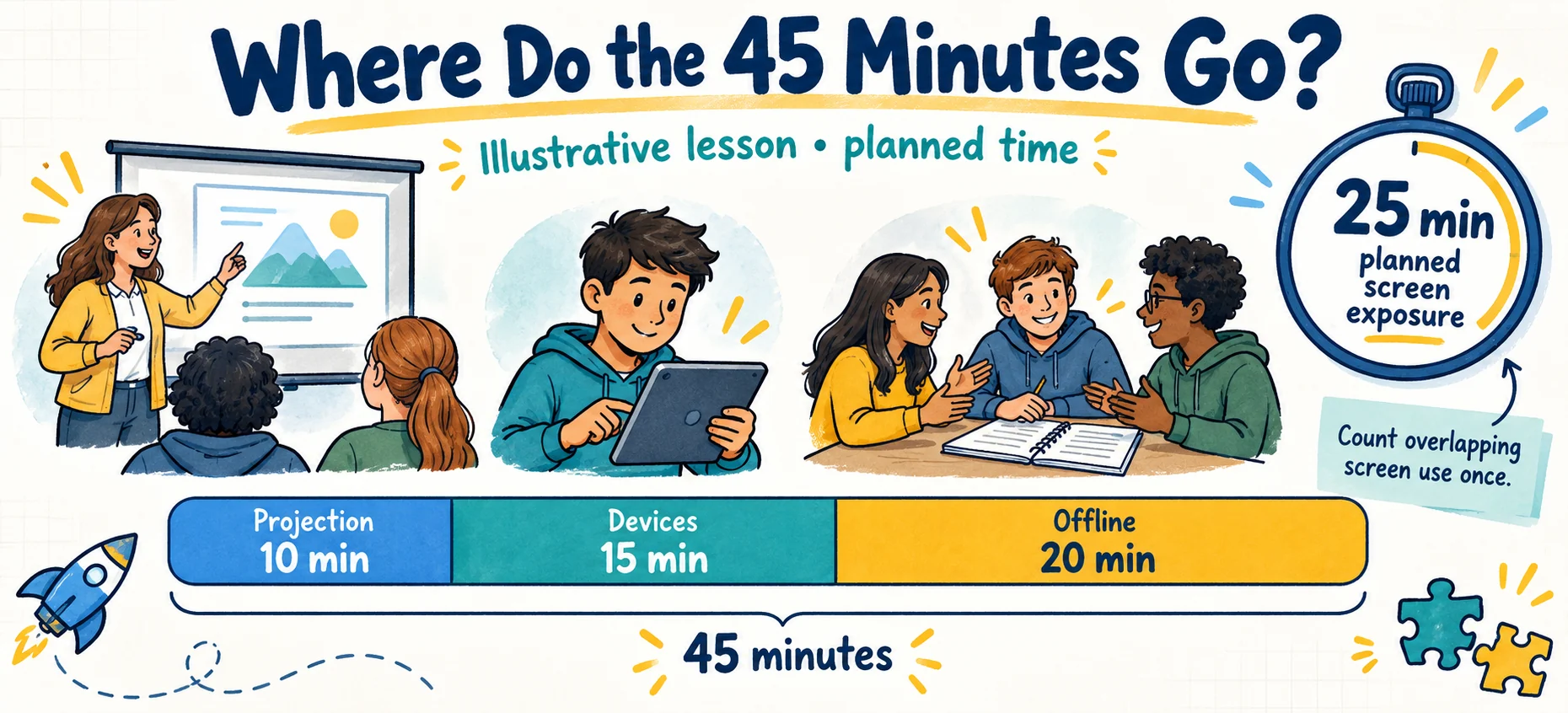 Illustrative 45-minute lesson: 10 minutes of projection, 15 minutes of student device use, and 20 minutes offline. Planned screen exposure is 25 minutes. Count overlapping device and projection use once.