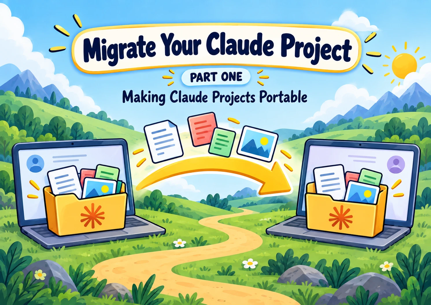 Project files moving between two Claude accounts along a golden arrow.
