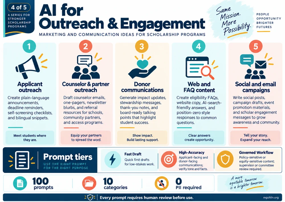 AI for Outreach & Engagement. Ideas for applicant, counselor, partner, and donor outreach; web and FAQ content; and social and email campaigns. Match prompt tiers to the task and review every output before use.