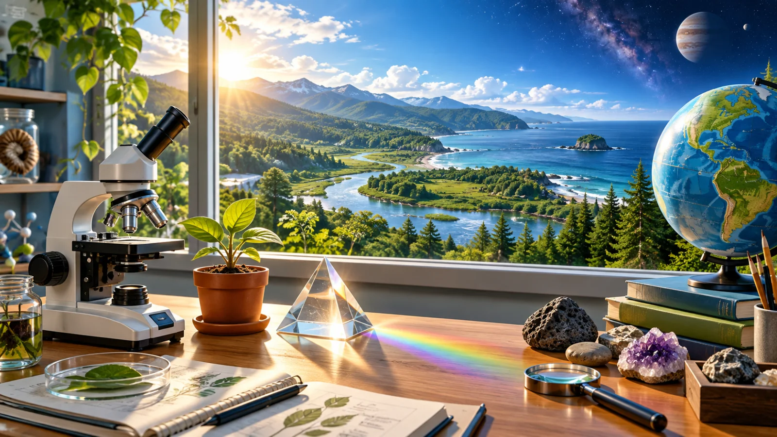 Illustrated science workspace with a microscope, plant, rainbow-producing prism, rocks, and globe overlooking a coastal landscape.