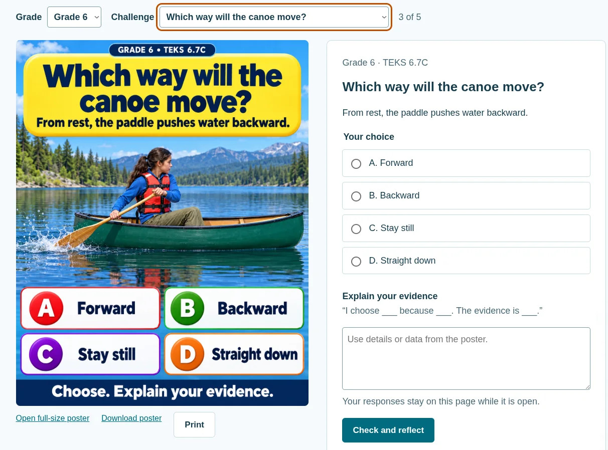 Grade 6 canoe challenge: a paddler pushes water backward; students choose forward, backward, stay still, or straight down and explain their evidence before checking their answer.