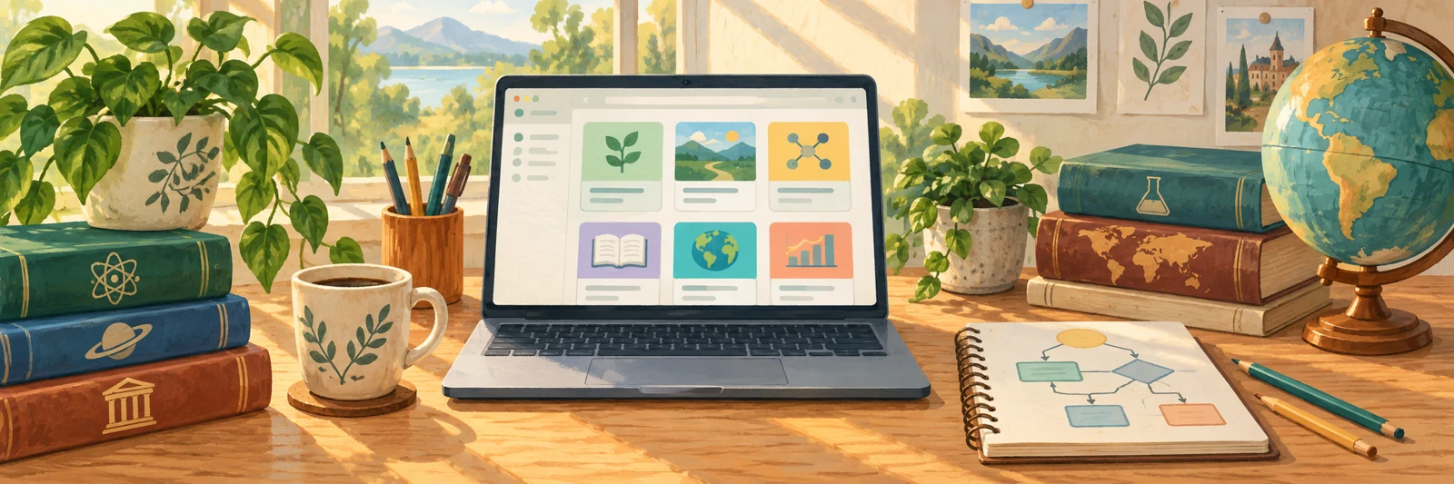 Illustrated sunlit workspace with a laptop, sketchbook, books, globe, pencils, and a plant.