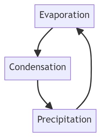 Flowchart of the water cycle as a loop: evaporation leads to condensation, condensation to precipitation, and precipitation back to evaporation.