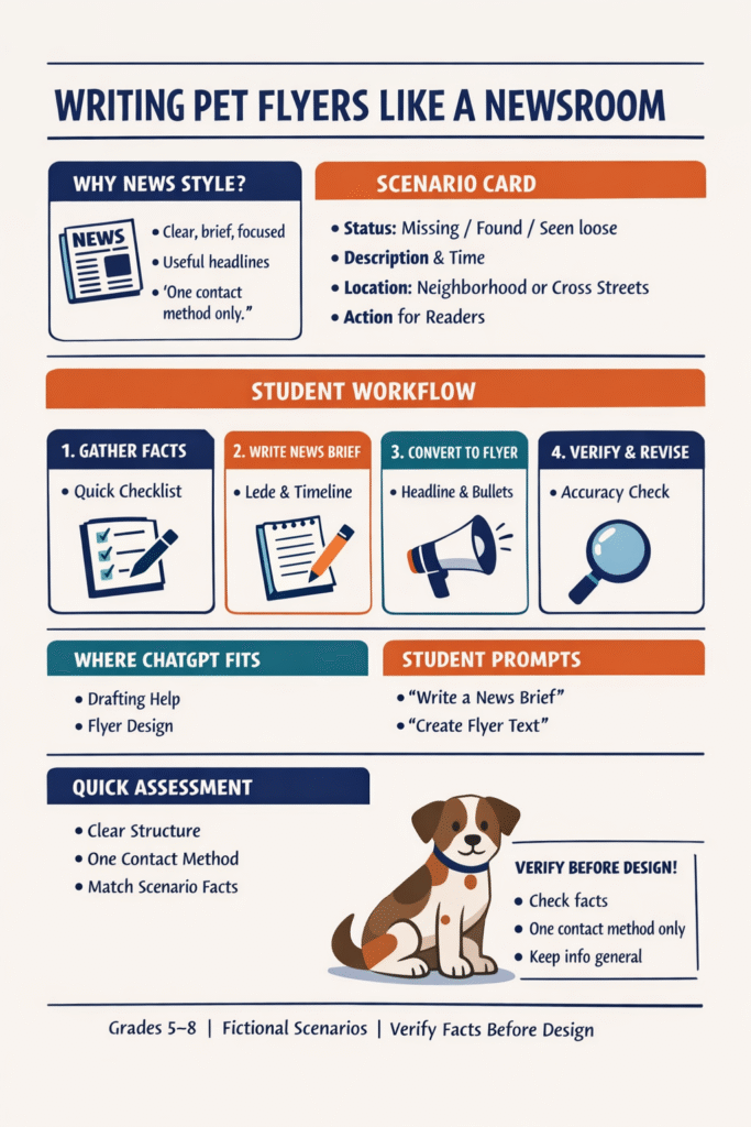 Infographic, "Writing Pet Flyers Like a Newsroom". Why news style: clear, brief, focused; useful headlines; one contact method only. Scenario card: status (missing, found or seen loose), description and time, location, action for readers. Student workflow: 1 Gather Facts, 2 Write News Brief, 3 Convert to Flyer, 4 Verify and Revise. Where ChatGPT fits: drafting help and flyer design. Student prompts: "Write a News Brief" and "Create Flyer Text". Quick assessment: clear structure, one contact method, match scenario facts. A note beside a cartoon dog reads "Verify before design: check facts, one contact method only, keep info general". Footer: Grades 5-8, fictional scenarios, verify facts before design.