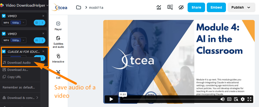 The Video DownloadHelper extension panel open beside a TCEA "Module 4: AI in the Classroom" video, with an arrow labeled "Save audio of a video" pointing at the Download Audio option.