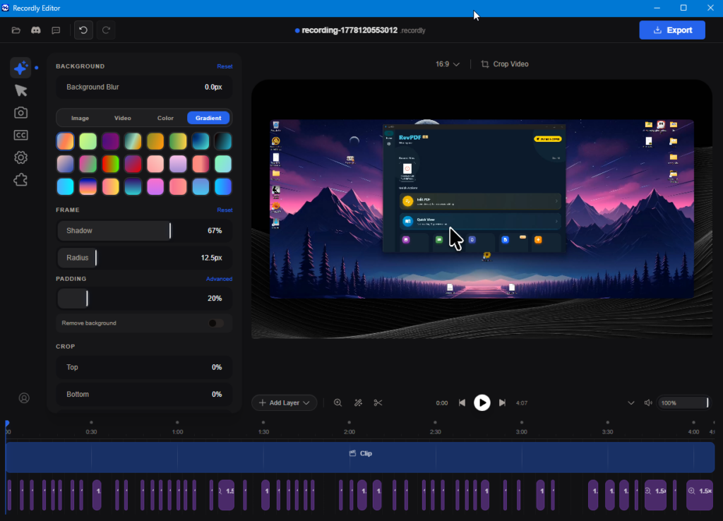 The Recordly video editor with a screen recording open. The left panel offers background, frame, padding and crop controls; the preview shows a recorded desktop; a clip timeline runs along the bottom.