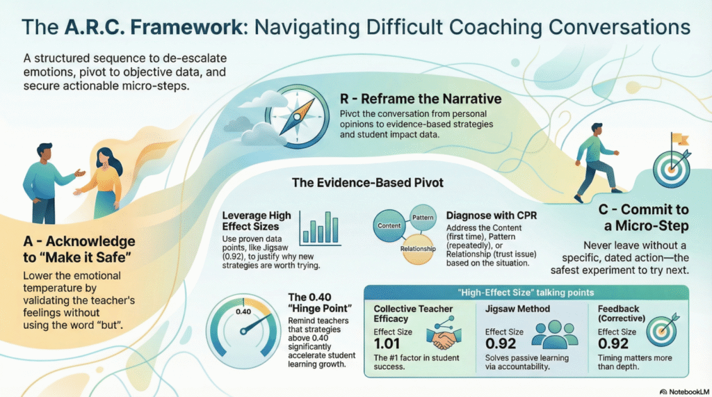 Infographic, "The A.R.C. Framework: Navigating Difficult Coaching Conversations — a structured sequence to de-escalate emotions, pivot to objective data, and secure actionable micro-steps". A: Acknowledge to "Make it Safe", lowering the emotional temperature by validating the teacher's feelings without using the word "but". R: Reframe the Narrative, pivoting from personal opinions to evidence-based strategies and student impact data. C: Commit to a Micro-Step, never leaving without a specific, dated action. A central "Evidence-Based Pivot" panel covers leveraging high effect sizes, the 0.40 hinge point, and diagnosing with CPR (Content, Pattern, Relationship). High-effect-size talking points list Collective Teacher Efficacy at 1.01, Jigsaw Method at 0.92 and corrective Feedback at 0.92.